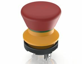 LUMOTAST 22, Not-Halt-Taster, 2 Ö + 1 S, Silber, Flachsteckanschluss 2,8 x 0,8 verzinnt, Rückstellung durch Drehen, Pilzkopf rot, Pfeile rot