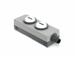 E-BOX M12, 2 Drucktaster, M12 4-polig A-kodiert, hellgrau