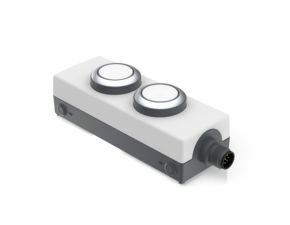 E-BOX M12, 2 Leuchtdrucktaster FLEXLAB, M12 8-polig A-kodiert, hellgrau