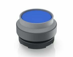 RAFIX 22 FS, Leuchtdrucktaster, Frontring vorstehend, Bund rund, tastend, Frontring lichtgrau, Blende blau