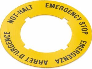 Not-Halt, Klebeschild, rund 16.3, Außendurchmesser 40 mm, NOT-HALT, EMERGENCY STOP, ARRET D'URGENCE, EMERGENZA, 40 mm x 40 mm, 16,3 mm