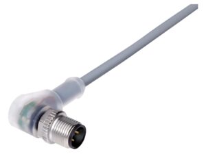Binder M12 Winkelstecker, Polzahl: 3, ungeschirmt, am Kabel angespritzt, IP69K, UL 2238, PVC, grau, 3 x 0,34 mm², mit LED PNP
