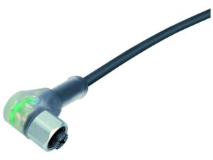 Binder M12 Winkeldose, Polzahl: 3, ungeschirmt, am Kabel angespritzt, IP69K, UL 2238, PUR, schwarz, 3 x 0,34 mm², mit LED PNP, Edelstahl