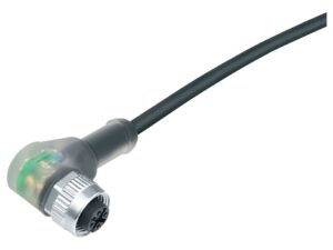 Binder M12 Winkeldose, Polzahl: 3, ungeschirmt, am Kabel angespritzt, IP69K, UL 2238, PUR, schwarz, 3 x 0,34 mm², mit LED PNP