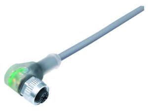 Binder M12 Winkeldose, Polzahl: 3, ungeschirmt, am Kabel angespritzt, IP69K, UL 2238, PVC, grau, 3 x 0,34 mm², mit LED PNP