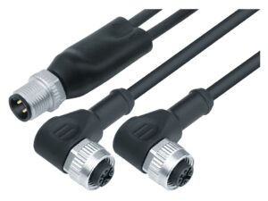 Binder M12 Kabelsplitter Kabelstecker – 2 Winkeldosen, Polzahl: 4/3, ungeschirmt, am Kabel angespritzt, IP68, UL 2238, PUR, schwarz, 3 x 0,34 mm²