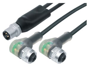 Binder M12 Kabelsplitter Kabelstecker – 2 Winkeldosen, Polzahl: 4/3, ungeschirmt, am Kabel angespritzt, IP68, UL 2238, PUR, schwarz, 3 x 0,34 mm², mit LED PNP