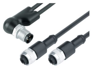 Binder M12 Kabelsplitter Winkelstecker – 2 Kabeldosen, Polzahl: 4/3, ungeschirmt, am Kabel angespritzt, IP67, UL 2238, PUR, schwarz, 3 x 0,34 mm²