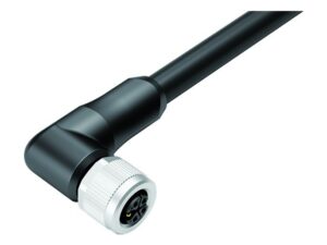 Binder M12 Winkeldose, Polzahl: 4+PE, ungeschirmt, am Kabel angespritzt, IP68, UL, PUR, schwarz, 5 x 2,50 mm²