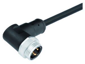 Binder 7/8″ Winkelstecker, Polzahl: 3, ungeschirmt, am Kabel angespritzt, IP68, UL 2238, PUR, schwarz, 3 x 1,50 mm²